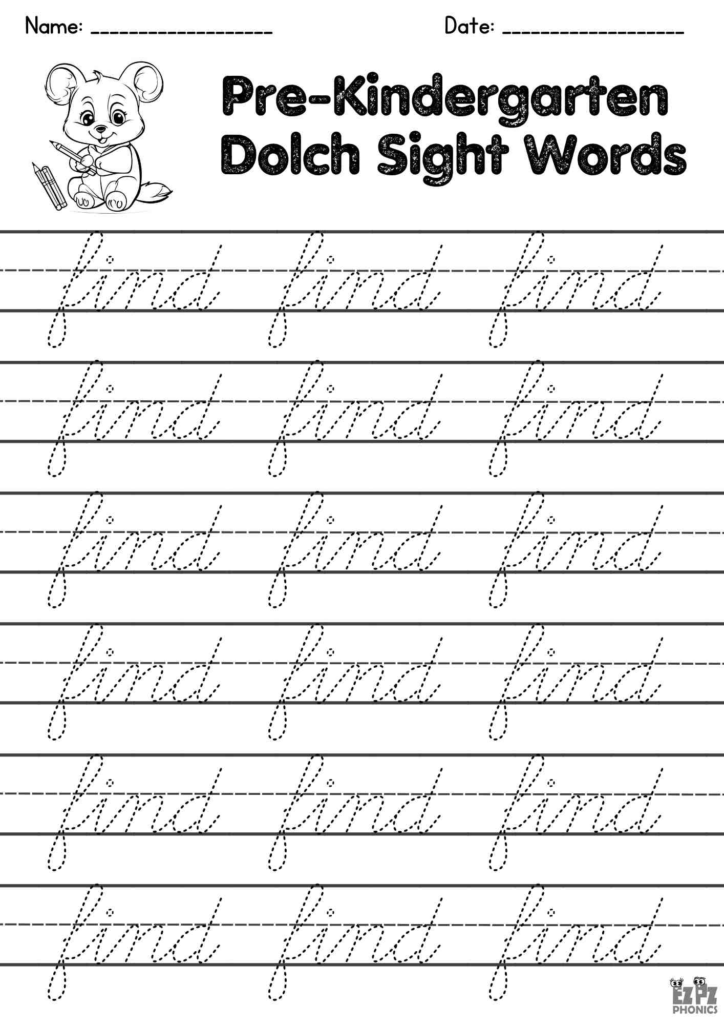 The Word Find Cursive Writing Practice – Pre-K Dolch Sight Words Free PDF Download